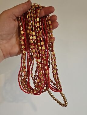 Multi-Strand Red and Gold Beaded Necklace